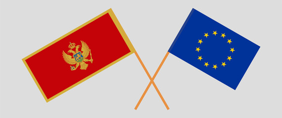 Crossed flags of Montenegro and the EU. Official colors. Correct proportion