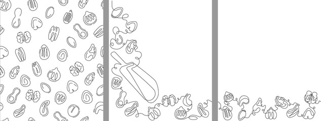 Vector One line Drawing  Seamless patterns with  Various Nuts and Seeds. Can be yused as Background, frame, template, border, backdrop, label, banner, flyer, card, cover, texture.