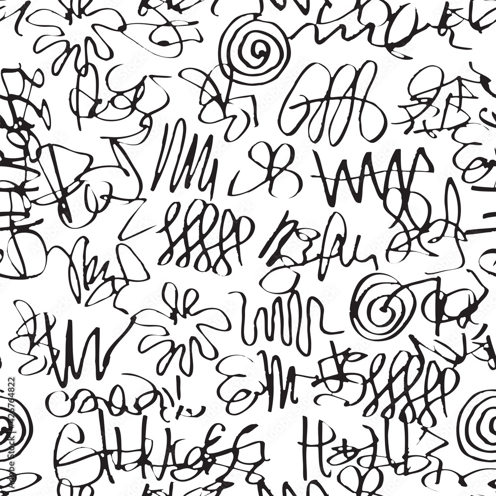 Aufkleber vector seamless pattern with abstract black doodles on a white background in a graffiti style. squig