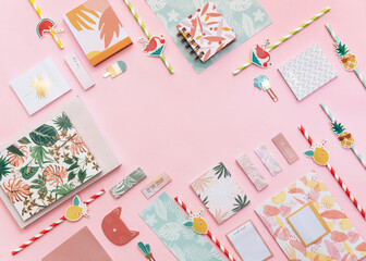 Flat Lay Summer tropical background. Workspace with supplies. Top view, copy space