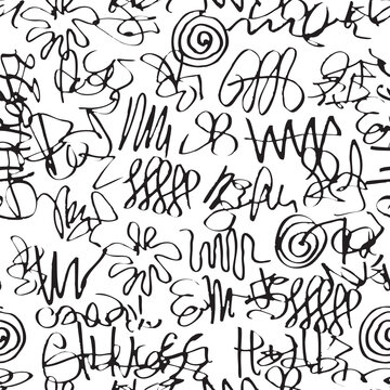 Vector seamless pattern with abstract black doodles on a white background in a graffiti style. Squiggle hand-drawn texture. Endless background, graphic print for clothes, wrapping paper or Wallpaper
