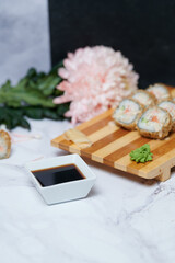 Sushi Rolls on the board beautiful view
