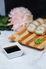 Sushi Rolls on the board beautiful view
