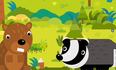 cartoon scene with different european animals in the forest