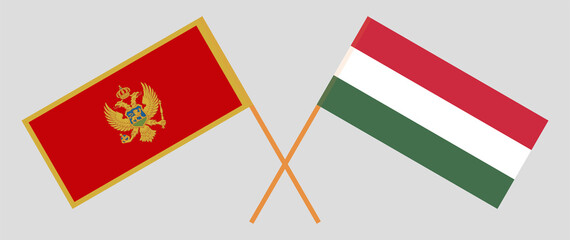 Crossed flags of Montenegro and Hungary. Official colors. Correct proportion