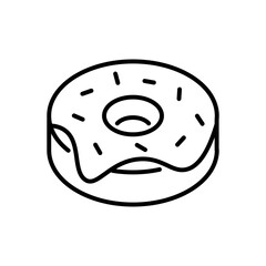 Donut coated with icing, sprinkles thin line icon isolated on white. Glazed dessert, bagel, flour product.