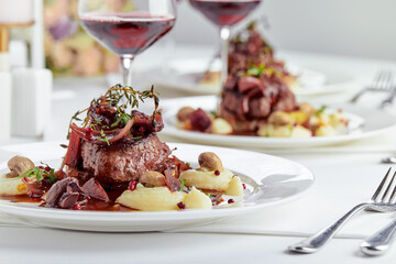 Gourmet appetizer: Beautifully decorated catering banquet foie gras with berries