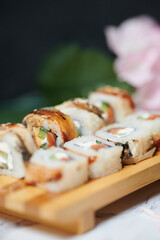Sushi Rolls on the board beautiful view
