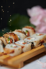 Sushi Rolls on the board beautiful view

