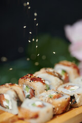 Sushi Rolls on the board beautiful view
