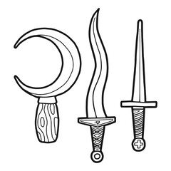 Ritual knives. Herbal sickle. Black outline. Magic items. 