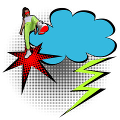Funny collage background with a girl in yellow neon tracksuit in retro comic style.