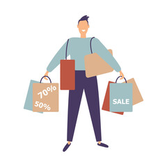 Smiling shopaholic man hold a lot of shopping bags. Happy male enjoy discounts. Guy stand with package during sale time. Positive cartoon male isolated on white background.Vector flat illustration © tatiana77777