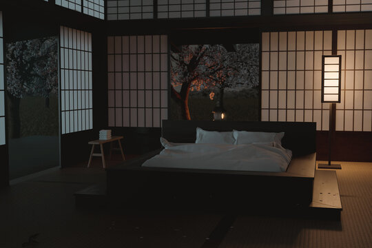 3d Rendering Of Traditional Japanese Bedroom At Night