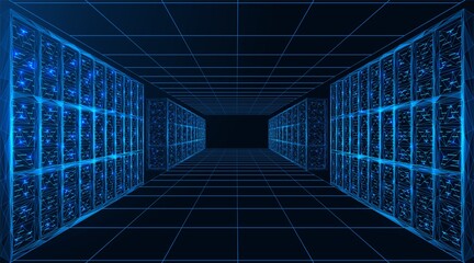 Data center. Servers for processing and storing information. A corridor of digital supercomputers. Polygonal construction of connected lines and points. Blue background.
