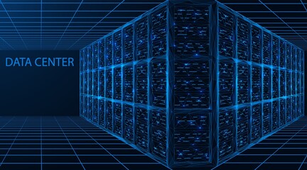 Data center. A room with servers for digital processing and storage of information. Polygonal construction of connected lines and points. Blue background.