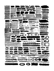 Set of black paint, ink brush strokes isolated on white background. Grunge graphic elements. Dirty texture banners. Ink splatters. Vector illustrations.