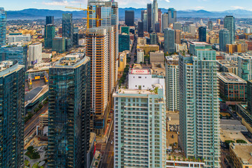Aerial Shot of Downtown Los Angeles California. Beautiful stunning views of Downtown High Rise buildings and Rooftop Helipads. Beautiful Sunny day.