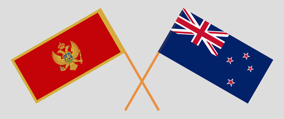 Crossed flags of Montenegro and New Zealand. Official colors. Correct proportion