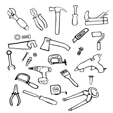 Construction tools for repair set of icons in doodle style. Hand drawn building material. Vector illustration.