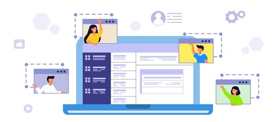 Online communication via video conference with people happily greets his colleagues in messenger Video conferencing friends communicate concept vector illustration Distant work