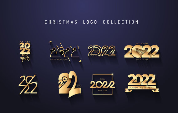 2022 Happy New Year golden logo different design. Decoration for new year holidays. Big set of Happy New Years typographic golden metallic vector elements. Template for web, site, social networks.