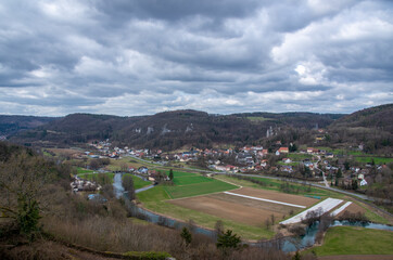 View from the ruins of Neideck Castle into the landscape of the Valley of the Wiesent in Franconian Switzerland, Germany