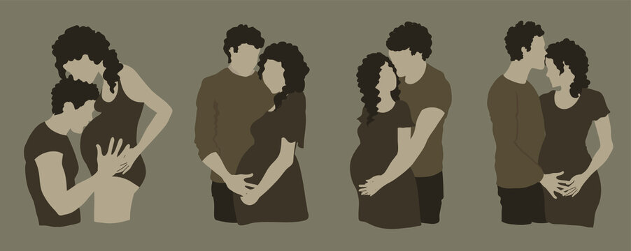 Pregnant couple flat vector illustration, Family expecting a baby hand drawn templates, Couple hugging