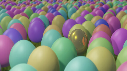 Fototapeta na wymiar Golden egg among many colored painted Easter eggs on plane, 3D rendering