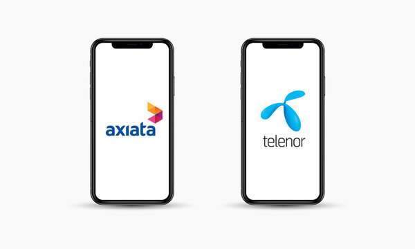 Vector Illustration Of Telenor Group And Axiata Group Logo On Mobile Phone. Telecommunication And 5G Networks Provider In Asia. Due Diligence Of Merger, Partnership, Demerger And Competitor ..