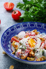 poached egg salad with vegetables and cashew. Vegetable Salad closeup with ingredients