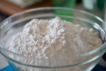 Sifted Flour in glass bowl ready for baking