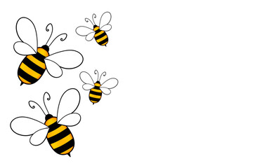 Cartoon cute bee mascot. Merry bee with an empty table. Small wasp. Vector character. Insect icon. Holiday template design for invitation, cards, wallpaper, school, kindergarten. Copy space