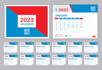 Calendar 2023 Template, Set Desk Calendar 2023 design, Set of 12 Months, Planner, wall Calendar design, Week starts on Monday, Cover design, poster, advertisement, professional Business template