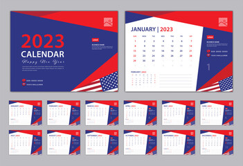 Set Desk Calendar 2023 design, Calendar 2023 Template, Set of 12 Months, Blue Cover design, wall Calendar, Happy new year 2023, Week starts on Monday, planner, holiday event, Usa flag concept, vector