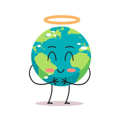 cute earth character angel with nimbus cartoon mascot globe personage showing facial emotion save planet concept isolated