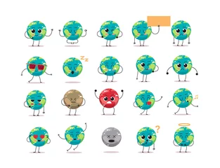 Fotobehang set cute earth characters with different emotions cartoon mascot globe personages collection save planet concept isolated © mast3r