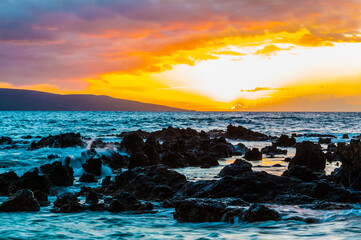 Sunset at Paako Cove aka Secret Beach With Kaho'olawe Island in the Distance, Maui, Hawaii, USA