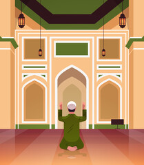 Fototapeta premium religious muslim man kneeling and praying inside mosque building ramadan kareem holy month religion concept rear view full length vertical