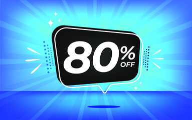 80% off. Blue banner with eighty percent discount on a black balloon for mega big sales.