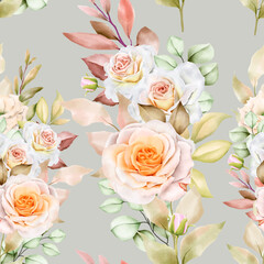 elegant watercolor floral and leaves seamless pattern