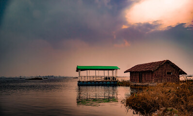 A floating hut on a lake