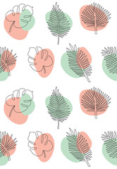 Vector seamless pattern of different hand drawn doodle sketch palm and monstera leaf and abstract dot isolated on white background