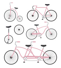 Vector set bundle of pink flat cartoon bicycle isolated on white background