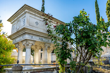 The grave of English poetess Elizabeth Barrett Browning (1906-1861) in the English Cemetery located at Piazzale Donatello, in Florence city center, Tuscany, Italy