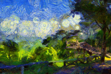 Mountain landscape of forests and ground Illustrations creates an impressionist style of painting.