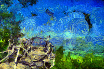 Fototapeta premium Mountain landscape of forests and ground Illustrations creates an impressionist style of painting.
