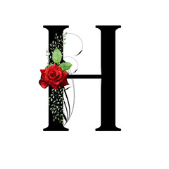 Floral monogram, letter H - decorated with red rose and watercolor leaves