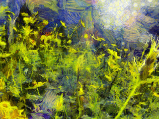 Fototapeta na wymiar Yellow starburst bush Illustrations creates an impressionist style of painting.