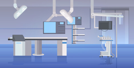 hospital operating table and medical devices modern clinic surgery room interior intensive therapy surgical procedures concept horizontal